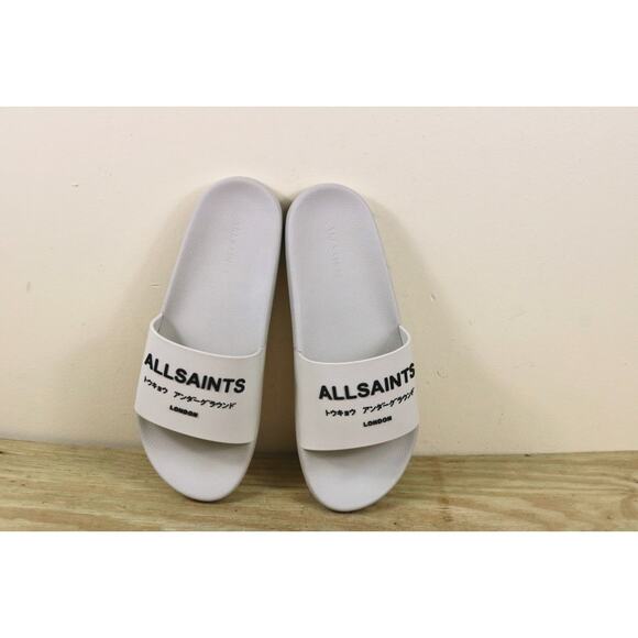 New All Saints Slides 11 White Underground Rubber London Tokyo Signature Logo